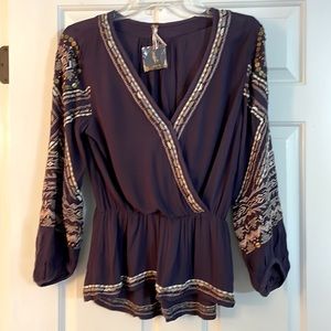 Free People deep purple embroidered beaded peplum top balloon sleeve blouse